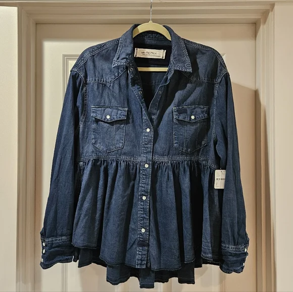 Free People Dylan Babydoll Shacket LS High Low Hem Front Pearl Snaps Blue Sm NWT - Picture 14 of 14